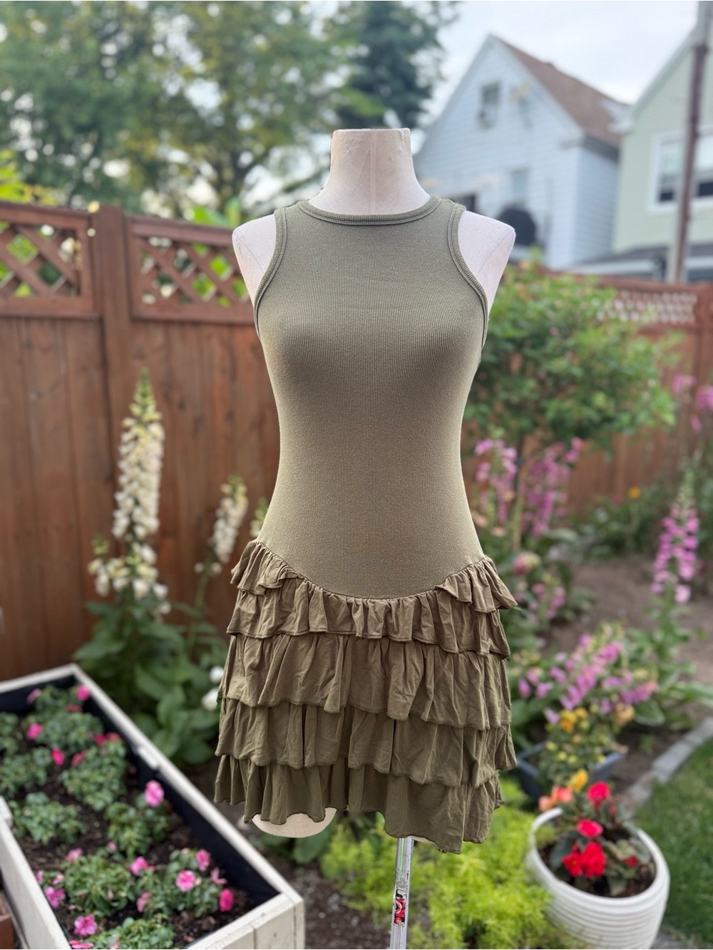 Edikted Olive Green Ruffle Hem Tank Mini Dress Approx Size S